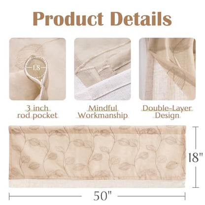 jinchan Linen Valance Curtain Beige Sheer Leaf Embroidered 18 Inch 1 Panel - color: Leaf Beige