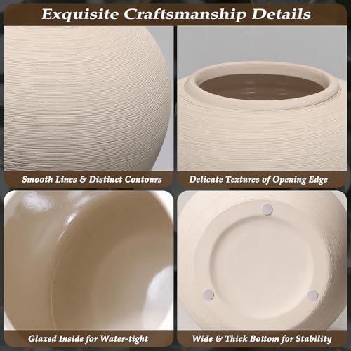 Ceramic Flower Vase Round Textured Vase,Farmhouse Vase(6" Tall, 7.7" Width) - size: 6 Inch-round-cream