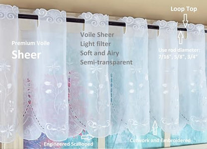 Today's Curtain, Sorento Embroidered Sheer Tier 24", White, 59" W x 24" L