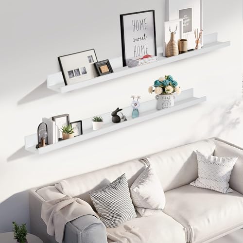 Muzilife 55" Large Floating Shelves Wood Wall Shelf with Lip, 2Pcs, White - color: White, size: 55"