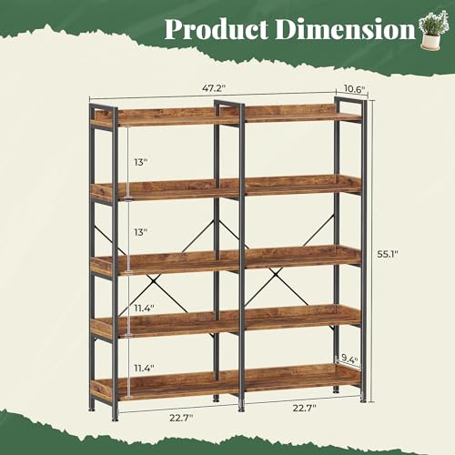 Huuger 5 Tier Bookshelf with 10 Open Shelves and Raised Baffle, Rustic Brown - color: Rustic Brown, size: 5 Tier
