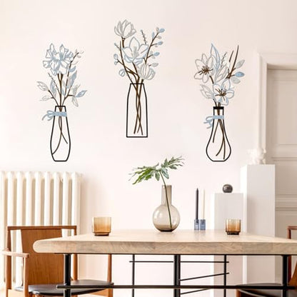 3 Pieces Metal Flowers Wall Art for Bathroom (Blue Brown) - color: Blue Brown