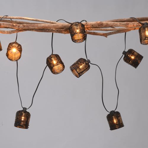 Natural Rattan String Lights, 10 Rustic Raffia Cage, 13 Ft Plug in & Connectable Wicker Lights,Black Rattan - color: Black Rattan