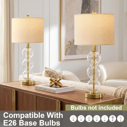 Oneach 25" Glass Table Lamps Set of 2, Gold Modern Table Lamps with USB Ports for Living Room, Linen Shade Bedside Lamps for Bedroom, Nightstand, Side Table (Bulbs not Included) - color: Gold