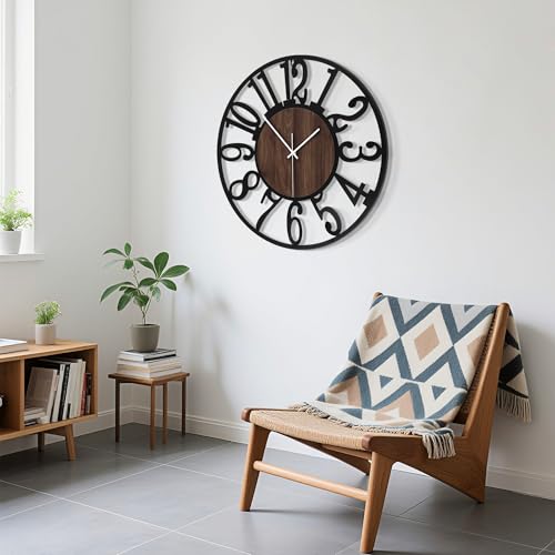 24" Silent Wall Clock – Adjustable Night Light, Battery Operated - color: Black Walnut - Arabic Numerals, size: 24 inch(60 cm)