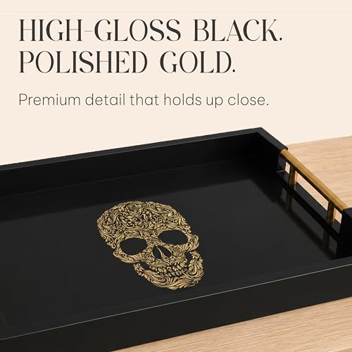 Gothic Skull Serving Tray, Black Gloss, Gold Handles by Death Decor - style: SKULL