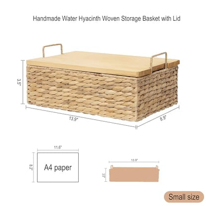 Handmade Water Hyacinth Wicker Baskets with Wooden Lid (Small) - size: Small (Single)