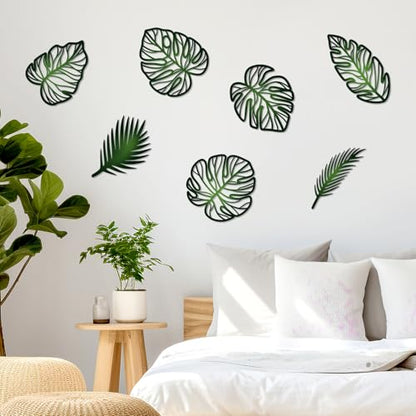 Zzbakress 7 Pcs Palm Tree Wall Art Leaves Wall Decor Tropical Wall Art Jungle Nursery Decor Monstera Room Decoration for Farmhouse Home Kitchen Bedroom Garden (Green)