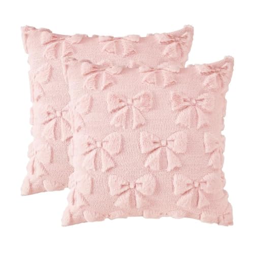 NAPEARL Throw Pillow Covers 18x18 with Pink Bow Decor, Cute Throw Pillows for Teen Girl Room Velvet Soft Plush Faux Fur Bedroom Sofa Holiday Home Decor Baby Girl - color: Pink Multiple Bows, size: 18" x 18" (Pack of 2)