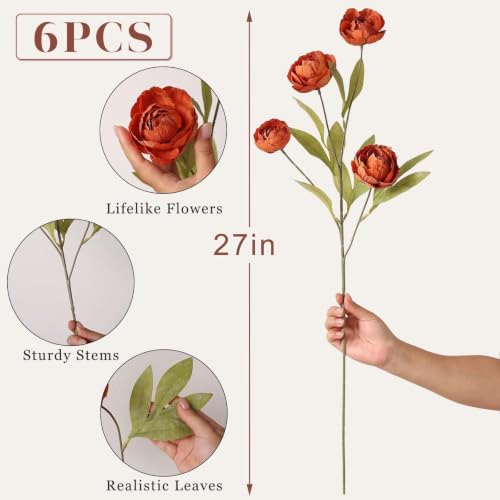 6 Pcs 27" Faux Silk Peony Artificial Fall Flowers Stems for Vase (Orange) - color: Orange