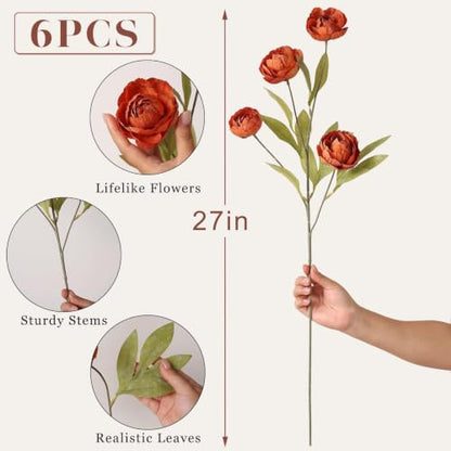 6 Pcs 27" Faux Silk Peony Artificial Fall Flowers Stems for Vase (Orange) - color: Orange