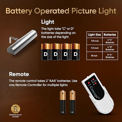 Concepdesigns Picture Light, Battery Operated Picture Light, Dimmable Wireless Picture Lights for Wall, Art Light, Library Light Battery Operated with Remote Control - 11.5 inches, Satin Nickel - color: Satin Nickel, size: 11.5 inch