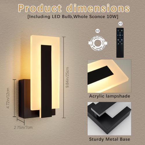 9.8 Inch Hardwire Wall Sconces Set of Two,Black 3CCT Dimmable Wall Lights - size: 9.8in-Hardwired