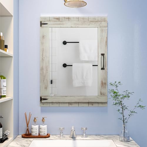 Oakrain Farmhouse Mirror, 24x32 Inch Distressed Gray Wood Frame with Black Metal Hinges, Rustic Wall Mirror for Bathroom, Living Room, Entryway, Bedroom - color: Grey-rectangular