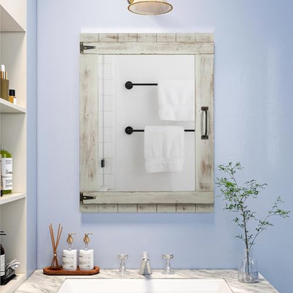 Oakrain Farmhouse Mirror, 24x32 Inch Distressed Gray Wood Frame with Black Metal Hinges, Rustic Wall Mirror for Bathroom, Living Room, Entryway, Bedroom - color: Grey-rectangular