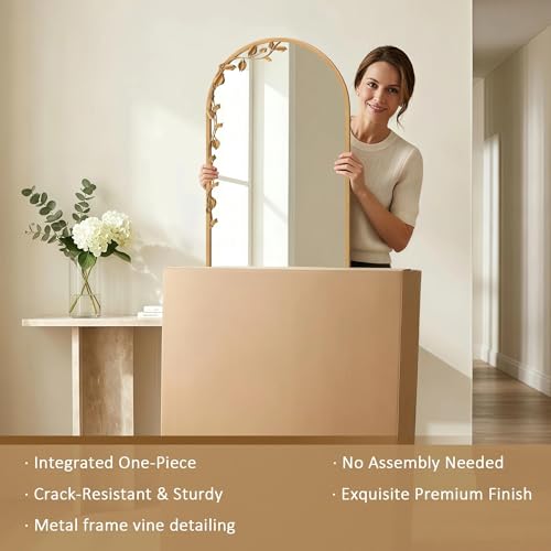 Besdomus Arched Full Length Mirror: 21"x56" Ornate Brass Gold Floor Mirror - size: 21"L x 56"W
