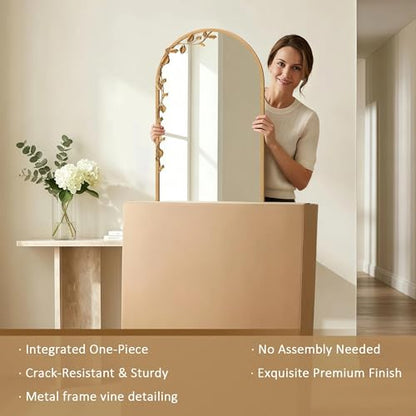 Besdomus Arched Full Length Mirror: 21"x56" Ornate Brass Gold Floor Mirror - size: 21"L x 56"W