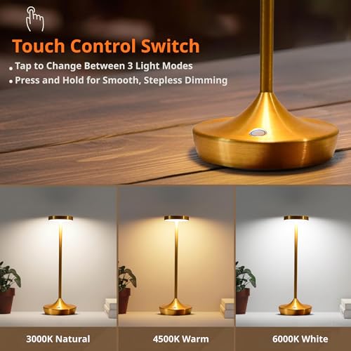 2 Pack Gold Cordless Table Lamps, Rechargeable 6000mAh, 72H Runtime - color: 2 Gold