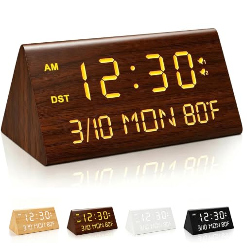 Premium Wooden Digital Alarm Clock with USB Charging Ports, Dimmable LED Display, Date, Day of Week, Temperature, DST, Clocks for Bedrooms, Desk, Nightstand, Bedside, Table, Office, Living Room Decor - color: Triangle - Brown