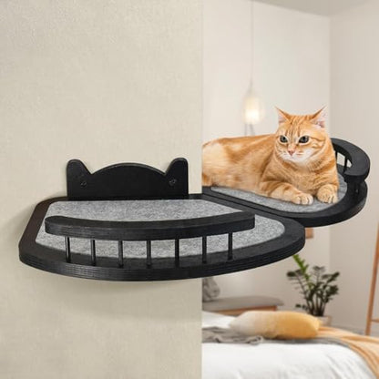 Cat Wall Shelves Furniture Set with Scratching Pad，Wooden Cat Climbing Wall Systems with 2 Perches and 3 Steps, Floating Shelves Bed Wall Mounted for Indoor Fit Up to 15Lbs (Black) - color: Black