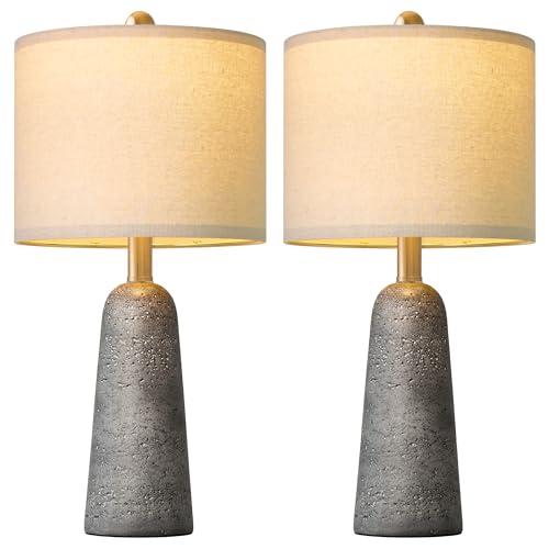 BOBOMOMO 21" Modern Table Lamps Set of 2, Gray Resin Lamp with Stone Look, Small Bedside Lamps for Bedroom, Contemporary Nightstand Lamps with Linen Shades, Small Lamp for Nursery, Entryway - color: Gray, size: 21"