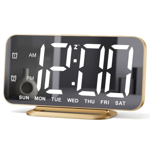 Slim LED Digital Alarm Clock, Mirror Surface for Makeup, with Diming, Large Display, Easy Setting, USB Charger Ports, Modern Bedroom, Desk, Office Living Room Decor, Christmas Birthday for Women Girl - color: Gold