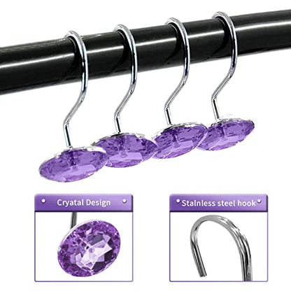 Crystal Diamond Round Shower Curtain Hooks Rings for Bathroom,Purple,12PCS - color: Purple