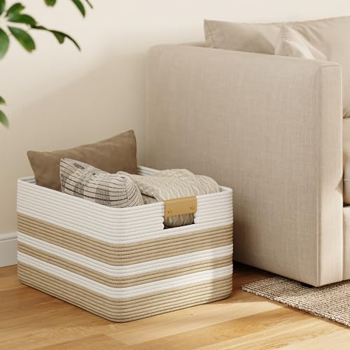 Nunsino 75L Blanket Basket with Leather Handles,Laundry Basket,Brown White - color: Brown White, size: 75L