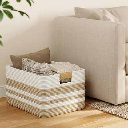 Nunsino 75L Blanket Basket with Leather Handles,Laundry Basket,Brown White - color: Brown White, size: 75L