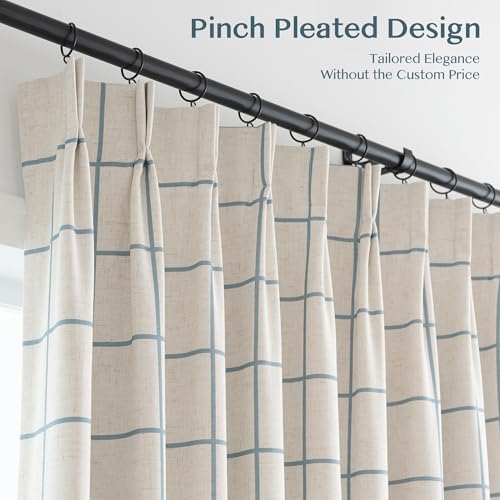 THREE GIRLS Pinch Pleated Plaid Curtains Blackout Linen Gingham Blue Curtains for Living Room,Bedroom Checkered 84 Inches Long Double Layer 2 Panels Set Luxury and Modern Printed Design Darkening - color: Blue, size: 40"W x 84"L (Pack of 2)