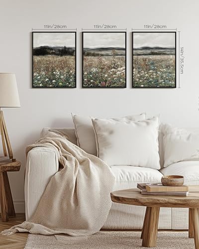 SHENIFY Vintage Landscape Framed Wall Art Meadow Flowers Farmhouse Decor Retro Classic Painting for Kitchen Living Room Bedroom Bathroom - 11x14in3pcs Black Framed - color: Black, size: 14L" x 11W" x 3PCS