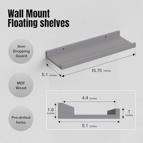 RICHER HOUSE 5-Set Floating Shelves with Lip, Grey Wall Mounted Wood Shelf - color: Grey, size: 16in