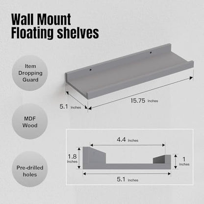 RICHER HOUSE 5-Set Floating Shelves with Lip, Grey Wall Mounted Wood Shelf - color: Grey, size: 16in