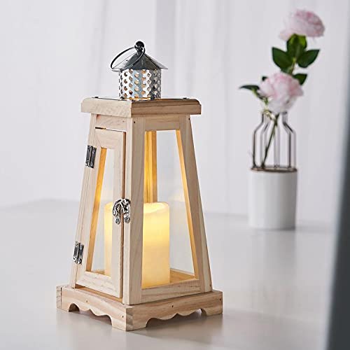14 Inch Rustic Wooden Candle Lantern, Decorative Candle Lantern Tabletop Centerpiece, Mantle, Wall Hanging, or Garden Display, Indoor & Outdoor Use