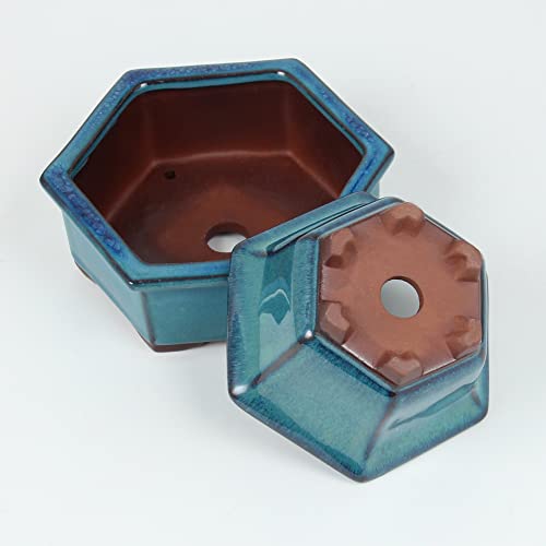 Bonsai Planter 2pc Small Succulent Glazed Pots 4.9" and 6.1" + 6 Soft Mesh Drainage Screens - style: Style B&D1