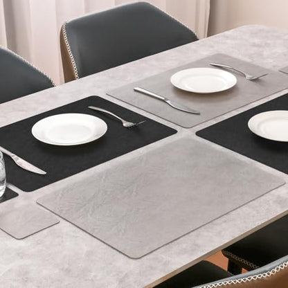 Vinyl Placemats Set of 6, Dual Sided Place Mats with Drink Coasters - color: Black/Light Gray Two-tone, size: Set of 6