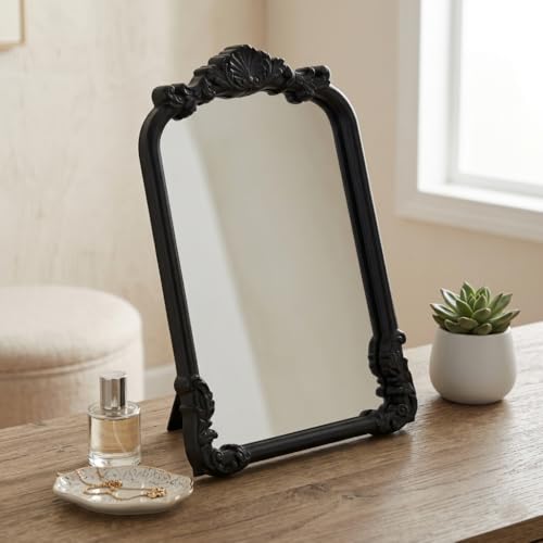 Briseis 11.75" Rectangular Table Mirror – Handcrafted Wooden Frame – Modern Minimalist Matte Black Finish – for Living Room Tabletop Decor - by Cheungs