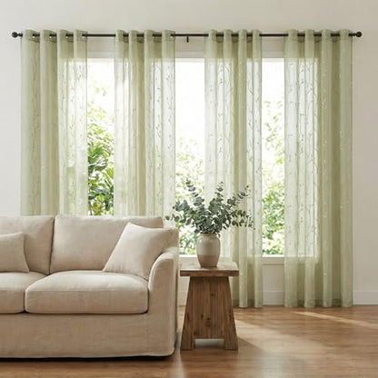 jinchan Green Leaf Voile Embroidered Curtains 63 Inch Grommet Top 2 Panels - color: Vine Grommet Green, size: 55"W x 63"L (Pack of 2)