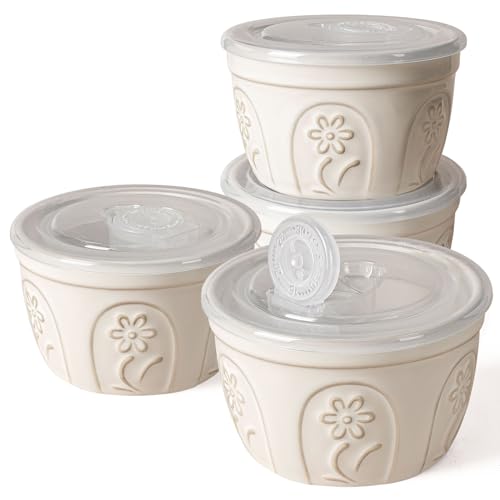 Artena Ramekins with Lids, Creme Brulee Ramekins Oven Safe, Ceramic Pudding Cups, Souffle Cups, Custard Cups, Dipping Sauce Cups, Food Storage Containers with Lids, Set of 4 (8 oz, Pinwheel Flower) - size: 4 inch (Pinwheel Flower, White)