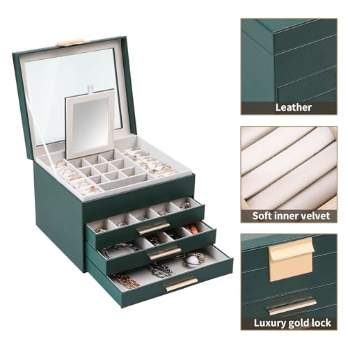 BOOVO Clear Lid Jewelry Box,3 Layers Jewelry Organizer Large Jewelry Storage Box with 2 Drawers,Jewelry Holder Organzier of Rings Earrings Necklace Bracelets for Women (Dark Green, 4 Layer) - color: Dark Green, size: 4 Layer