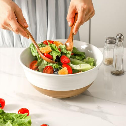 HASENSE Large Ceramic Serving Bowls Set of 2, 60 Oz 8.5 Inch White & Terracotta Stoneware Bowls, Farmhouse Bowls for Salad, Soup & Pasta, Dishwasher & Microwave Safe, Christmas Entertaining Dishes - color: White, size: 65 oz