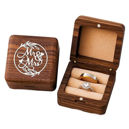 KWOOD Custom Wooden Wedding Ring Box for 2 Rings, Engraved Mr & Mrs Double Ring Holder for Wedding Ceremony Ring Bearer Box Anniversary Birthday Gift Ideas - style: S-Mr & Mrs