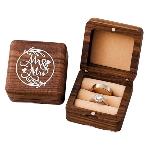 KWOOD Custom Wooden Wedding Ring Box for 2 Rings, Engraved Mr & Mrs Double Ring Holder for Wedding Ceremony Ring Bearer Box Anniversary Birthday Gift Ideas - style: S-Mr & Mrs