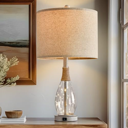 OYEARS 23" USB A+C Table Lamp for Bedroom Living Room Modern Bedside Lamps Retro Farmhouse Rattan Glass Nightstand Nightlight Lamps (White),Two Light Points - color: Antique White