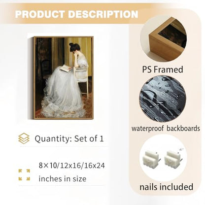 Victorian Lady Reading Canvas Wall Art 8x10 inch - color: White dress, size: 8"x10" Natural