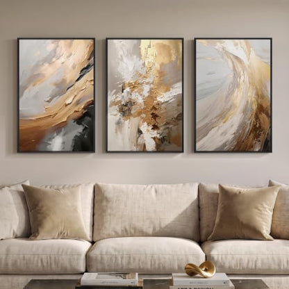 Framed Neutral Gold Abstract Wall Art for Bedroom, 3 Piece Set, 16x24 In - color: Neutral Gold Accents, size: 16" W x 24" H x 3pcs