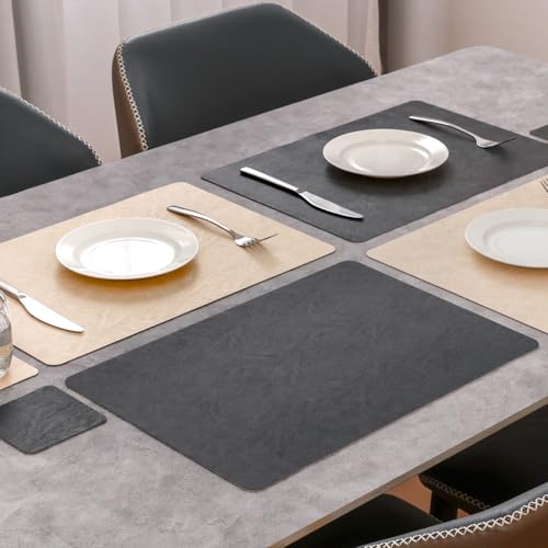 Vinyl Placemats Set of 4, Dual Sided Place Mats with Drink Coasters - color: Beige/Dark Gray Two-tone, size: Set of 4