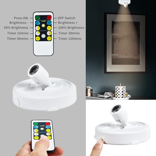 Wireless LED Spotlight Battery Operated Picture Lights, Stick Spot Lights with 2 Remote, Dimmable Puck Lights with Timmer for Wall Display Painting Dartboard Artwork Accent Closet, 2-Pack - color: Black