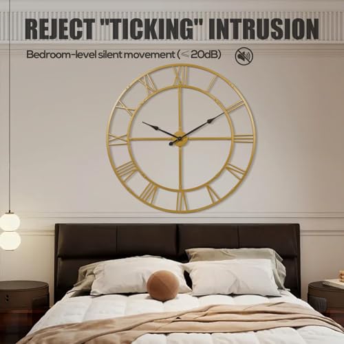 40 Inch Large Silent Wall Clock, Easy Assembly Roman Numeral Gold - color: Gold Metal Wall Clock, size: 40inch