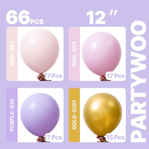 PartyWoo Pink Purple and Gold Balloons 66pcs 12 Inch Pink Purple Balloons - color: Pink & Gold & Purple